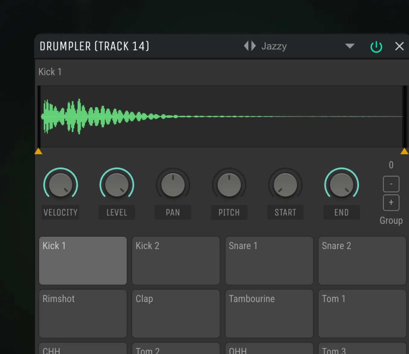 online drumcomputer in Amped Studio, drumpads en een beatpatroon