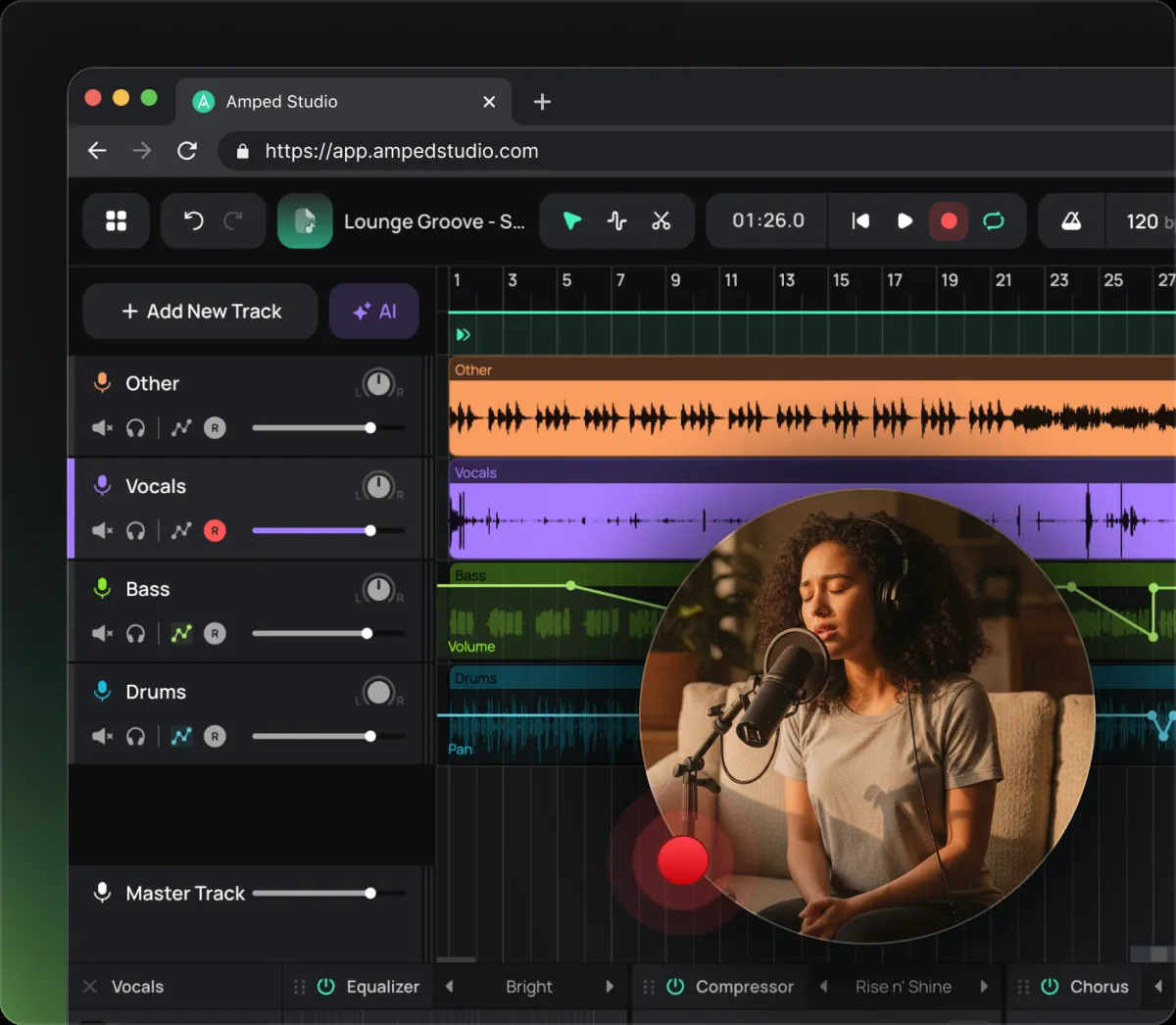 zang online opnemen in Amped Studio, vocal take op de tijdlijn